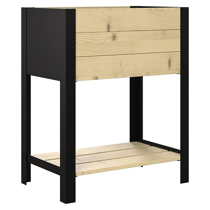 Upyard Hochbeet Modernbox hoch - 58 x 36 x 72 cm, Holz, Natur/Schwarz - Hochbeet mit schwarzem Metallrahmen und hellen Holzlatten, mit oberem Pflanzgefäß und unterer Ablagefläche.