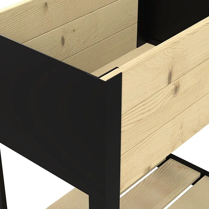 Upyard Hochbeet Modernbox hoch - 58 x 36 x 72 cm, Holz, Natur/Schwarz - Hochbeet mit hellen Holzlamellen und schwarzem Metallrahmen an der Ecke.