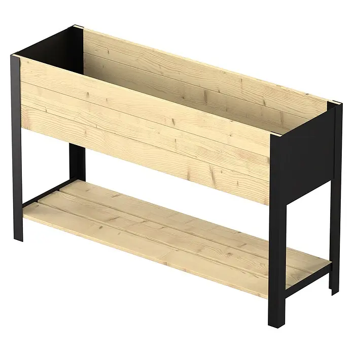 Upyard Hochbeet Modernbox hoch - 118 x 36 x 72 cm, Holz, Natur/Schwarz - Hochbeet mit unterer Ablage, bestehend aus einem hellen Holzkasten und einem schwarzen Metallrahmen.