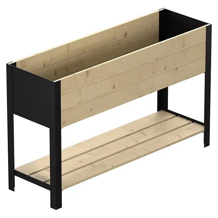Upyard Huerto Modernbox alto - 118 x 36 x 72 cm, Madera, Natural/Negro - Huerto elevado con tablones de madera clara y estructura de metal negro, incluyendo un estante inferior de lamas.