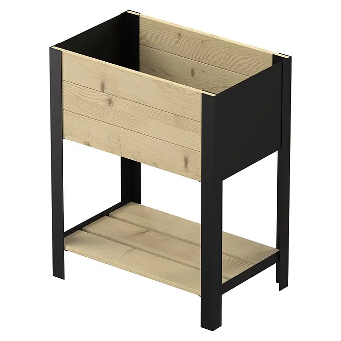 Upyard Huerto Modernbox alto - 58 x 36 x 72 cm, Madera, Natural - Jardinera elevada con estructura de metal negro y paneles de madera clara, con estante inferior a juego.