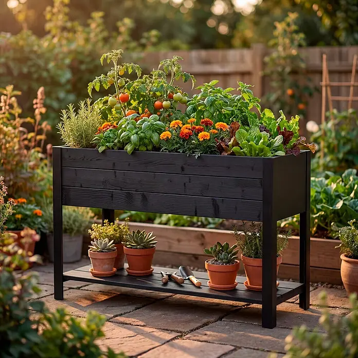 Upyard Hochbeet Modernbox hoch - 118 x 36 x 72 cm, Holz, Schwarz - Schwarzes Hochbeet mit verschiedenen Pflanzen und einer unteren Ablage für Töpfe und Werkzeuge, im sonnigen Garten.