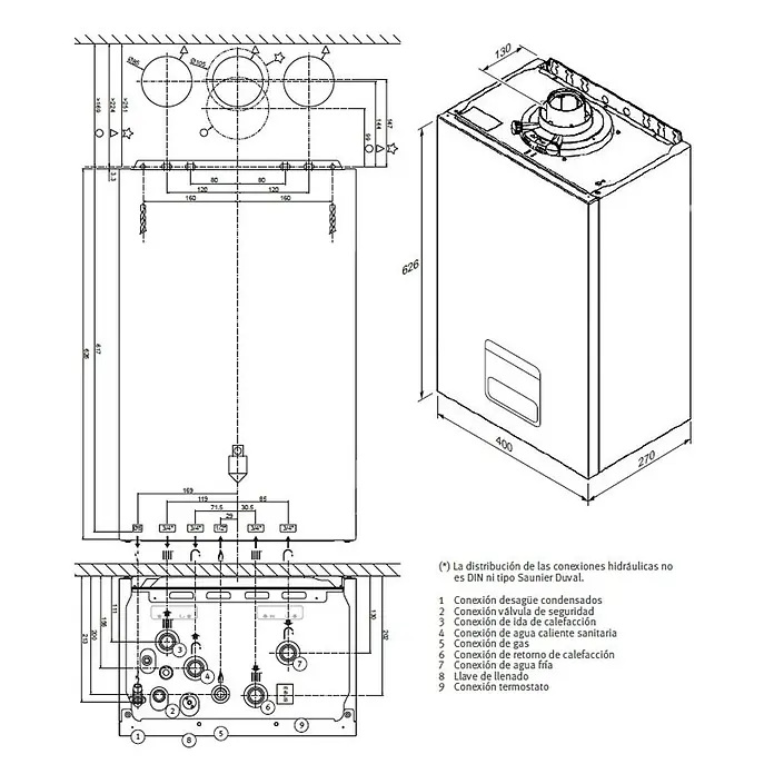 Saunier Duval Caldera ThemaTek - 24 kW, 8 l, Display LC - Dibujo técnico de una caldera de gas con dimensiones y puntos de conexión etiquetados para calefacción, agua y gas.