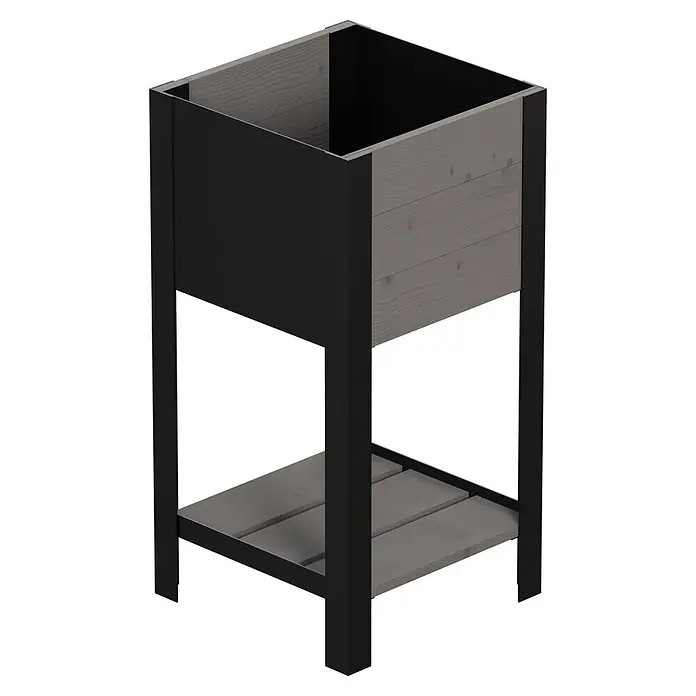 Upyard Huerto Modernbox alto - 36 x 36 x 72 cm, Madera, Gris - Jardinera elevada con marco de metal gris oscuro y caja y estante de listones de madera gris claro.