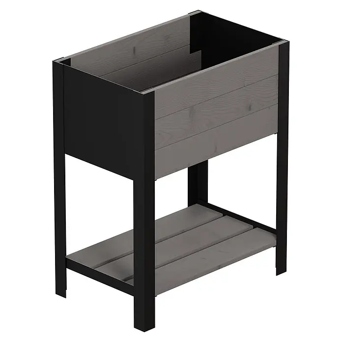 Upyard Huerto Modernbox alto - 58 x 36 x 72 cm, Madera, Gris - Jardinera elevada con marco de metal negro y lamas de madera gris, con un estante de almacenamiento inferior.