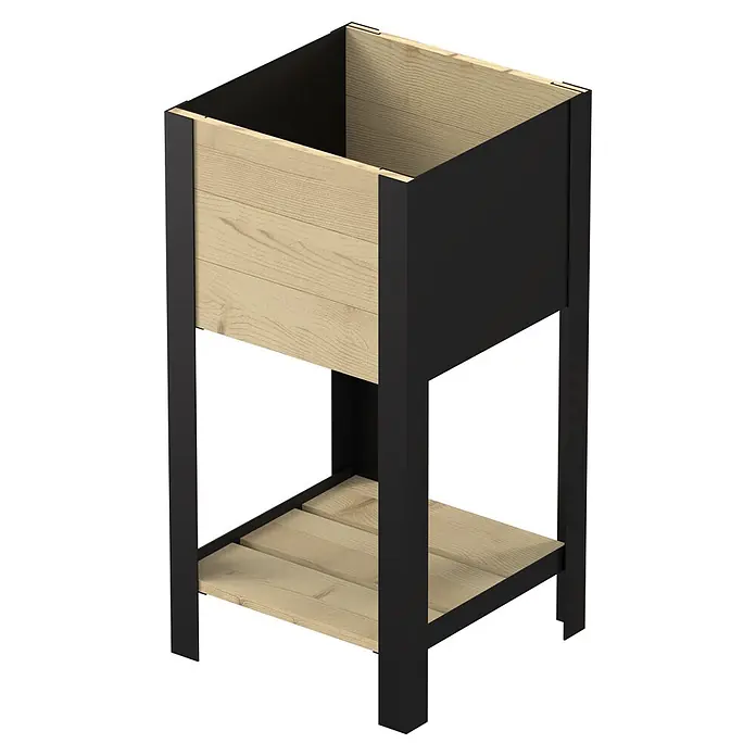 Upyard Huerto Modernbox alto - 36 x 36 x 72 cm, Madera, Natural - Jardinera elevada de dos niveles con estructura de metal negro y madera clara, con caja superior y estante de lamas inferior.