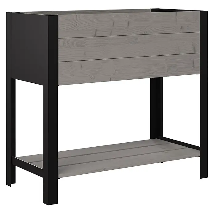 Upyard Hochbeet Modernbox hoch - 78 x 36 x 72 cm, Holz, Grau - Graues Hochbeet aus Holz mit schwarzem Metallrahmen und unterer Ablage.