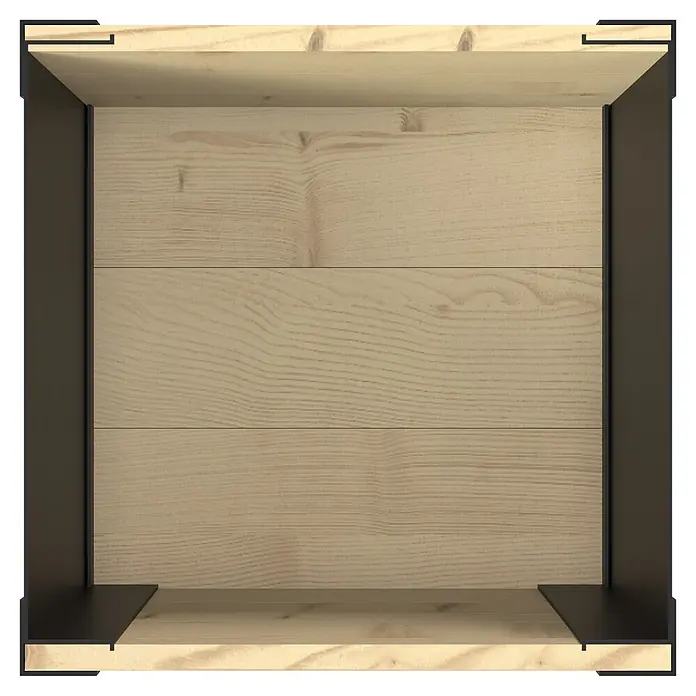 Upyard Hochbeet Modernbox hoch - 36 x 36 x 72 cm, Holz, Natur/Schwarz - Leere Holzkiste aus hellem Holz mit schwarzen Metalleckverstärkungen, von oben gesehen.