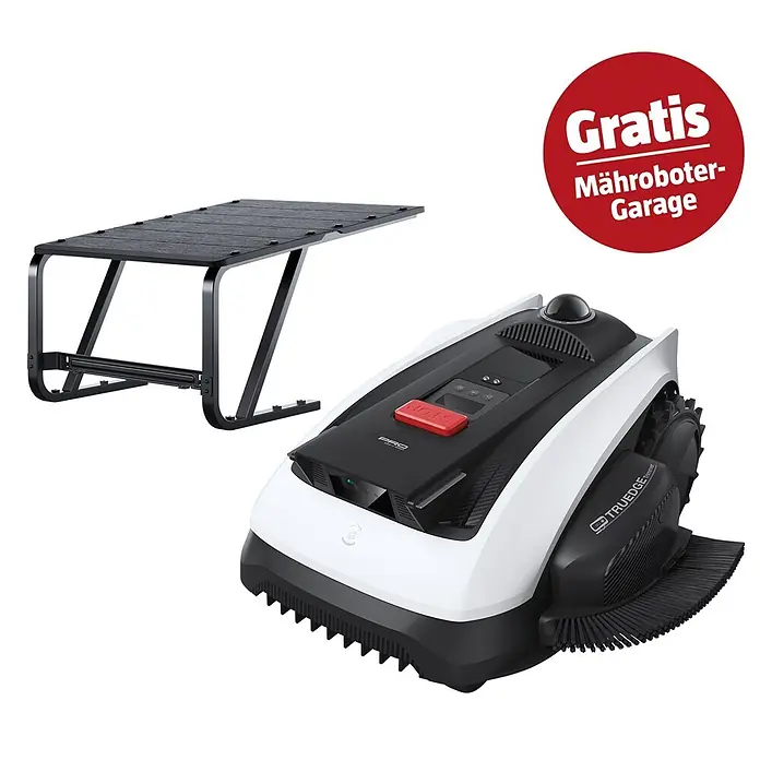 Ecovacs Goat Mähroboter-Set O1200 LiDAR Pro - 1.200 m², Schnittbreite: 22 cm, Laser-gestützte Navigation, LiDAR - Ein weiß-schwarzer Mähroboter neben einer schwarzen Schutzgarage.