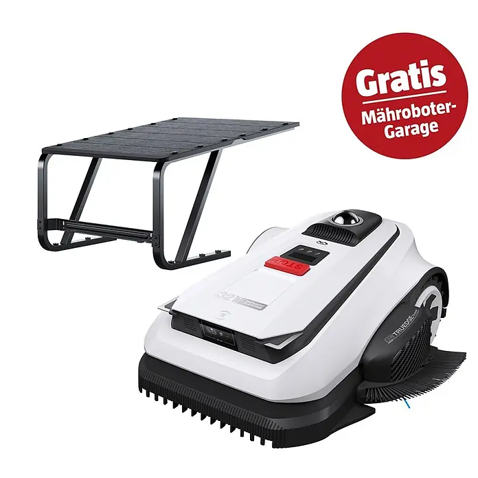 Ecovacs Goat Mähroboter-Set A1600 LiDAR Pro - 1.600 m², Schnittbreite: 33 cm, Laser-gestützte Navigation, LiDAR - Weißer Mähroboter mit schwarzer Schutzgarage, beworben mit einem "GRATIS Mähroboter-Garage" Abzeichen.
