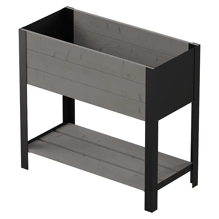 Upyard Huerto Modernbox alto - 78 x 36 x 72 cm, Madera, Gris - Mesa de cultivo elevada con jardinera de madera gris y estante de lamas sobre estructura metálica negra.