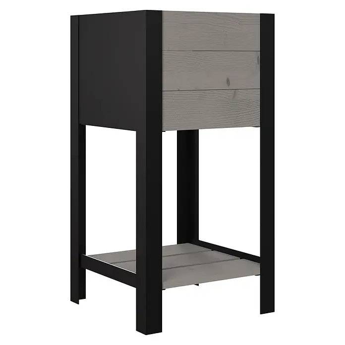 Upyard Hochbeet Modernbox hoch - 36 x 36 x 72 cm, Holz, Grau - Ein schwarzes Metallgestell mit hellgrauen Holzpaneel-Seiten und einem Lamellen-Bodenregal.