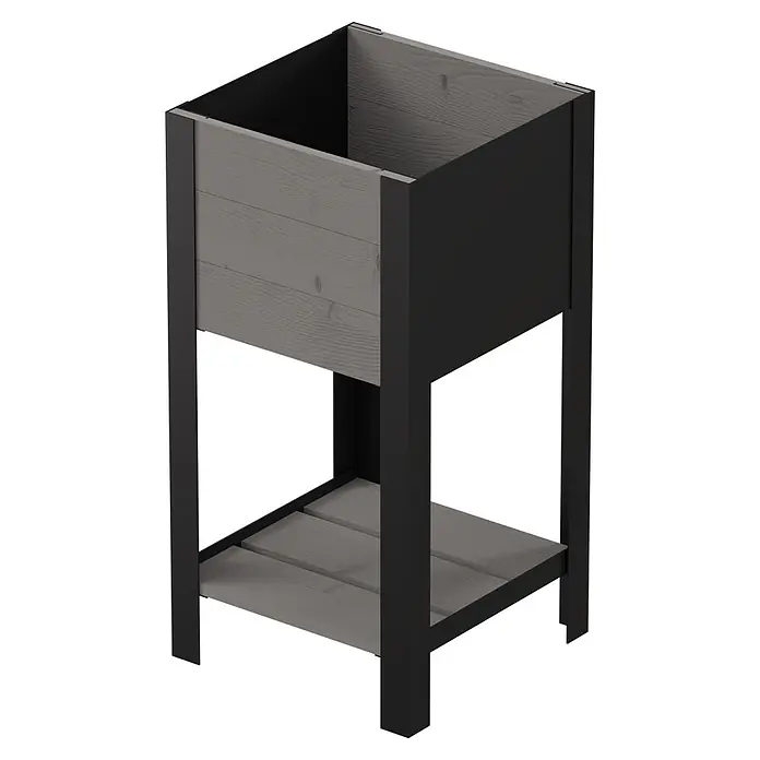 Upyard Hochbeet Modernbox hoch - 36 x 36 x 72 cm, Holz, Grau - Hochbeet aus dunkelgrauem Metall mit grauen Holzlatten und einer unteren Ablage.