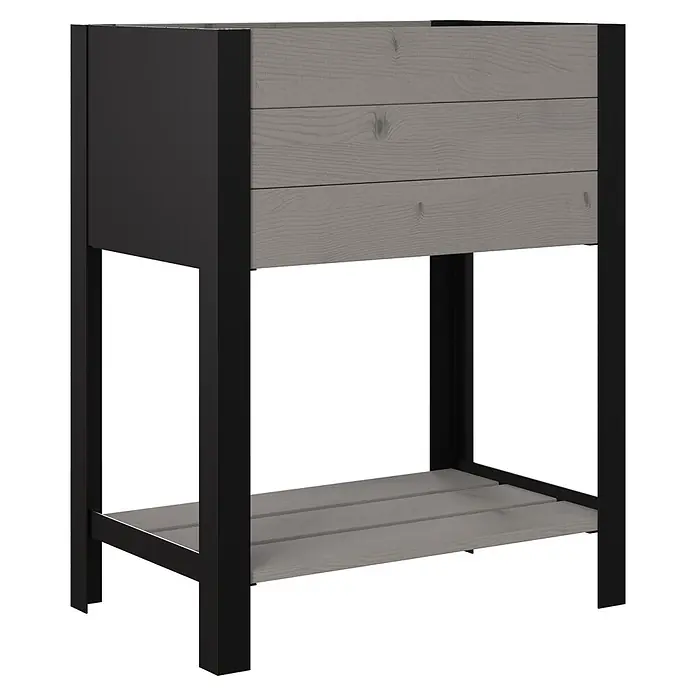 Upyard Hochbeet Modernbox hoch - 58 x 36 x 72 cm, Holz, Grau - Hohes Hochbeet mit schwarzem Metallrahmen und grauen Holzlatten, inklusive unterer Ablage.