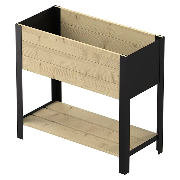 Upyard Huerto Modernbox alto - 78 x 36 x 72 cm, Madera, Natural - Jardinera elevada de madera con marco de metal negro y estante inferior para jardinería.