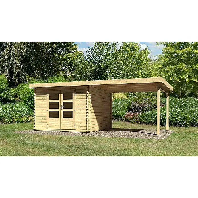 Karibu Gartenhaus Bastrup 5 - Außenmaß inkl. Dachüberstand (B x T): 614 x 333 cm, Holz, Natur, Mit Seitendach - Geräumiges Gartenhaus mit einem Unterstand für zusätzlichen Stauraum im Freien. Ideal für Gartengeräte oder als Wetterschutz.