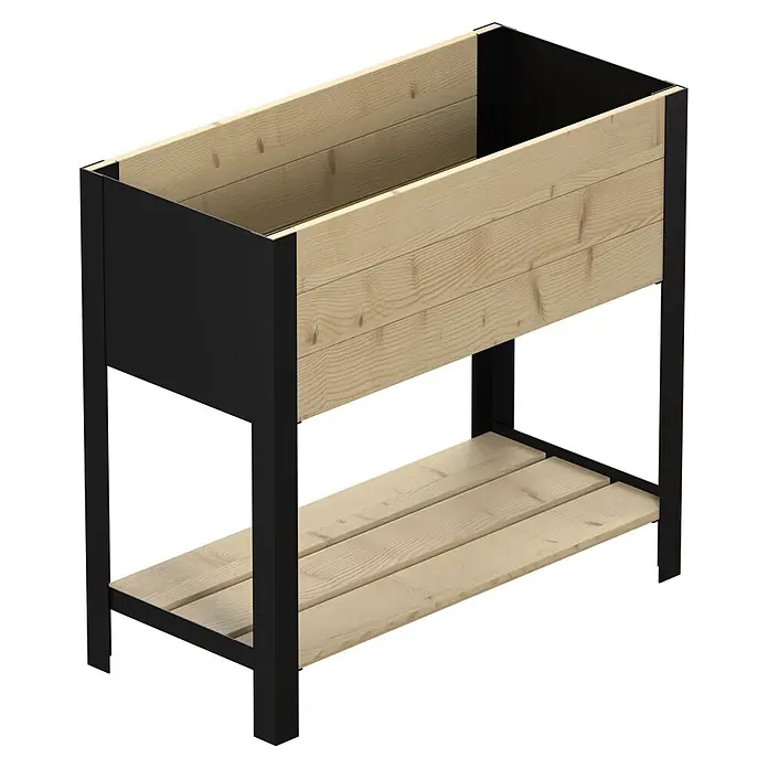 Upyard Huerto Modernbox alto - 78 x 36 x 72 cm, Madera, Natural - Jardinera elevada con estructura de metal negro y tablones de madera clara, con estante inferior.