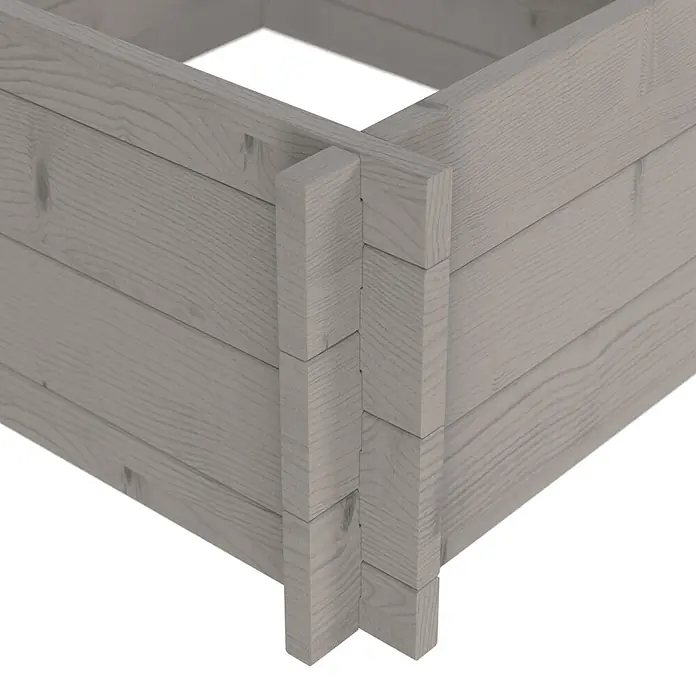 Upyard Hochbeet Multibox - L x B x H: 59 x 59 x 29,5 cm, Holz, Grau - Ecke eines hellgrauen Hochbeets aus ineinandergreifenden Holzbohlen.
