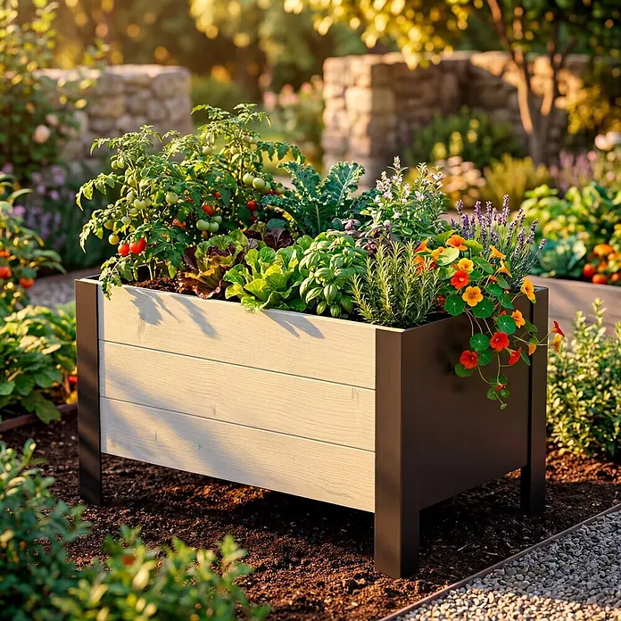 Upyard Pflanzkasten Modernbox niedrig - 58 x 36 x 32 cm, Holz, Natur/Schwarz - Ein Hochbeet mit hellen Holzplanken und dunklem Rahmen, gefüllt mit Pflanzen wie Tomaten, Kräutern und Blumen in einem sonnigen Garten.