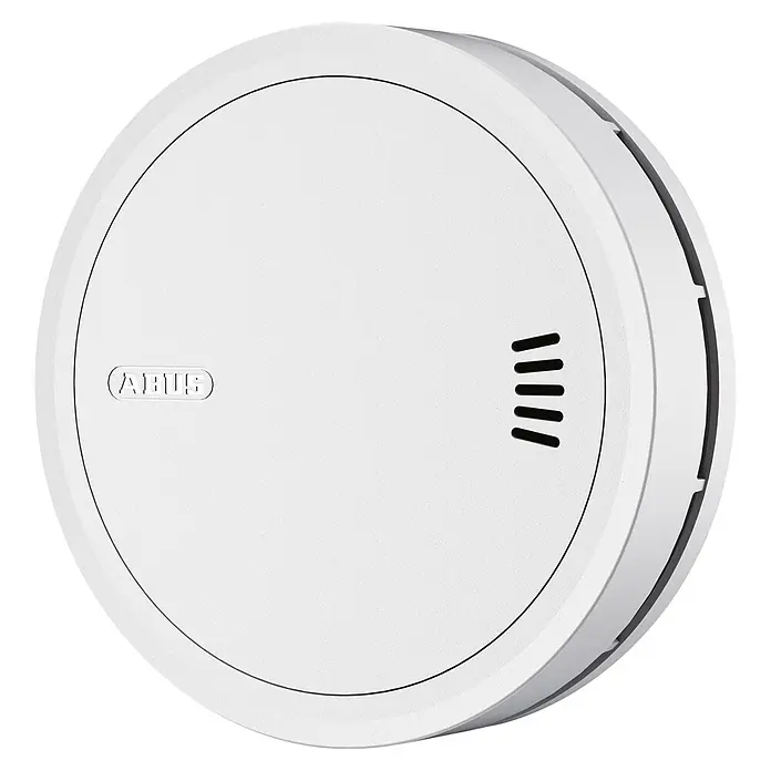 Abus Rauchwarnmelder PREFIRA CONNECT - Batterielaufzeit: 10 Jahre, Alarmsignal: 85 dB, 1 Stk. - Runder, weißer Rauchmelder mit geprägtem ABUS-Logo und dunklen Lüftungsschlitzen.