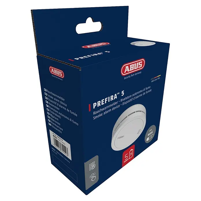 Abus Rauchwarnmelder PREFIRA 5 - Batterielaufzeit: 5 Jahre, Alarmsignal: 85 dB, 1 Stk. - Blaue Verpackung für einen weißen ABUS PREFIRA 5 Rauchwarnmelder, mit Logos und Produktmerkmalen.