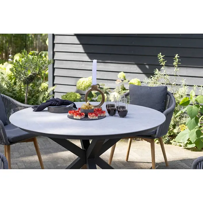 Bene Living Gartentisch Almeria - L x B x H: 120 x 120 x 76 cm, Ø x H: 120 x 76 cm, Aluminium Gestell mit gesinnerter Tischplatte aus Keramik, Rund, Hellgrau