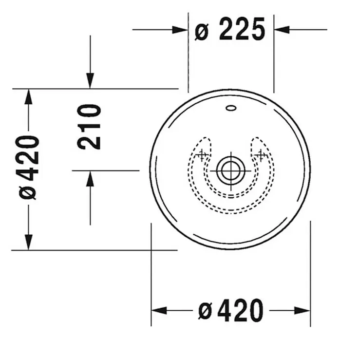 Duravit Waschschale Bacino - Durchmesser: 42 cm, Ohne Spezialglasur, Hahnloch: Ohne, Mit Überlauf, Weiß - Technische Zeichnung eines runden Waschbeckens mit Bemaßungen. Durchmesser 420 mm, Mittelpunkt bis Rand 210 mm, Hahnloch 225 mm.