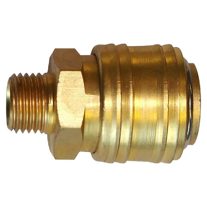 Güde Schlauchkupplung - Gesamtstückzahl: 1 Stk., Größe Anschluss: ½″ (Außengewinde), Messing - Goldfarbene Messing-Schnellkupplung mit männlichem NPT-Gewinde und Schnellkupplungsmechanismus.