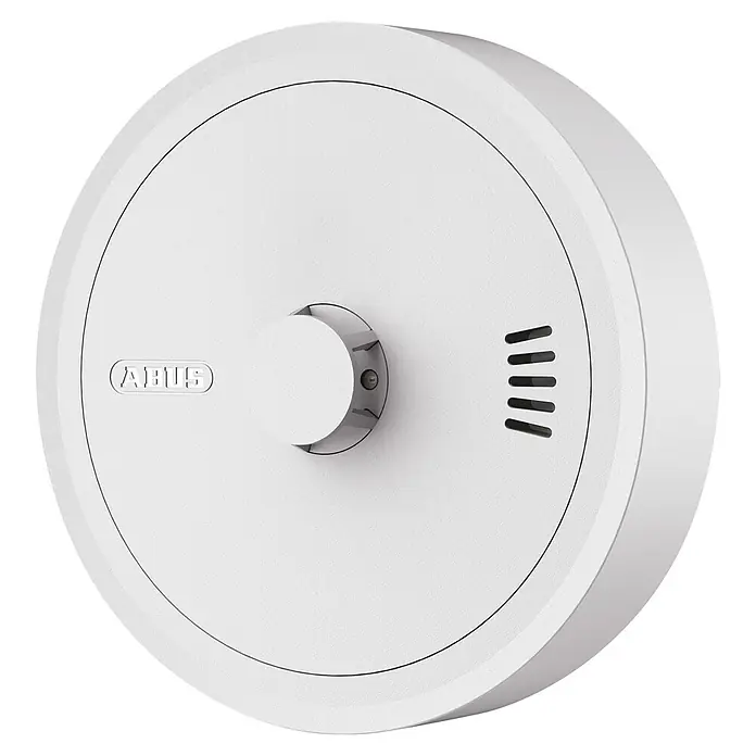 Abus Hitzewarnmelder PREVARO CONNECT - Batterielaufzeit: 10 Jahre, Alarmsignal: 85 dB, 1 Stk. - Weißer, runder Rauchmelder mit strukturierter Oberfläche, ABUS-Logo, zentralem Testknopf und fünf vertikalen Lüftungsschlitzen.