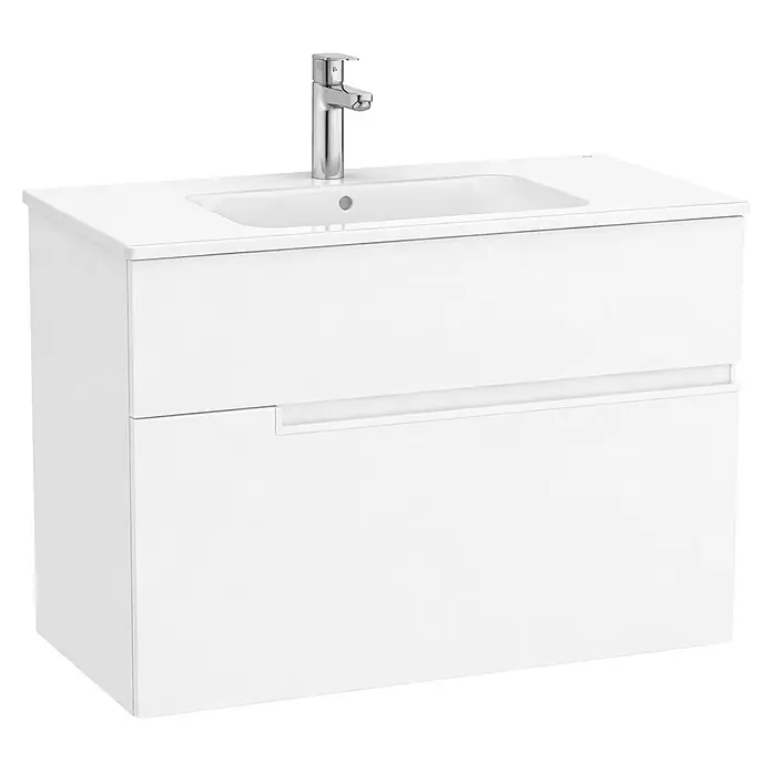 Roca Conjunto de mueble de baño Unik Borneo-N 2C - Ancho: 80 cm, Blanco, 2 pzs. - Mueble de baño blanco con lavabo integrado, dos cajones y un grifo cromado.