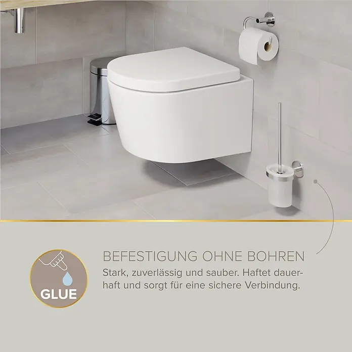 Lenz Kleber Simple Fix - 2 -tlg. - Ein modernes Bad mit wandhängendem WC, Toilettenpapierhalter und WC-Bürste. Der Text betont die bohrfreie Montage der Accessoires.