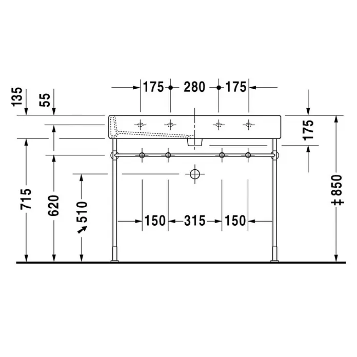 Duravit Vero Doppelwaschtisch - 120 x 47 cm, Ohne Spezialglasur, Hahnloch: Mitte, Mit Überlauf, Weiß, Ungeschliffen - Bild einer Waschbecken-Zeichnung mit Abmessungen, die die Höhe und Breite des Produkts zeigen.