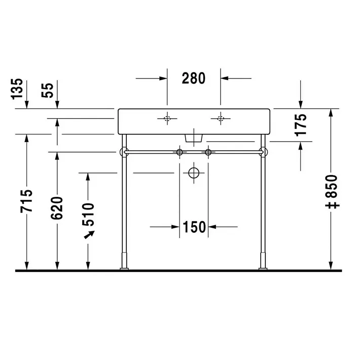Duravit Vero Waschtisch - 80 x 47 cm, Mit schmutzabweisender Glasur, Hahnloch: Mitte, Mit Überlauf, Weiß, Ungeschliffen - Technische Zeichnung eines Waschtischs mit den Maßen 850 mm Höhe, 280 mm Breite und 150 mm Tiefe für Installationszwecke.