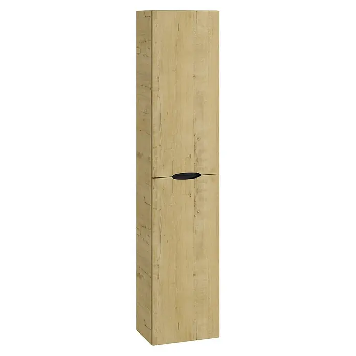 Armario colgante de baño de baño Turia - L x An x Al: 25 x 35 x 160 cm, Nogal y negro - Armario alto efecto madera clara con dos puertas y tirador negro empotrado.