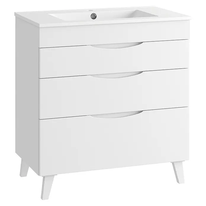 Mueble bajo de lavabo Turia - L x An x Al: 45 x 80 x 85 cm, Blanco brillo - Mueble de baño blanco con lavabo integrado, tres cajones y patas cónicas.