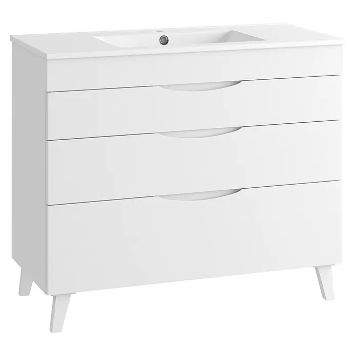 Mueble bajo de lavabo Turia - L x An x Al: 45 x 100 x 85 cm, Blanco brillo - Mueble de baño blanco con lavabo integrado y tres cajones, sobre patas cortas.