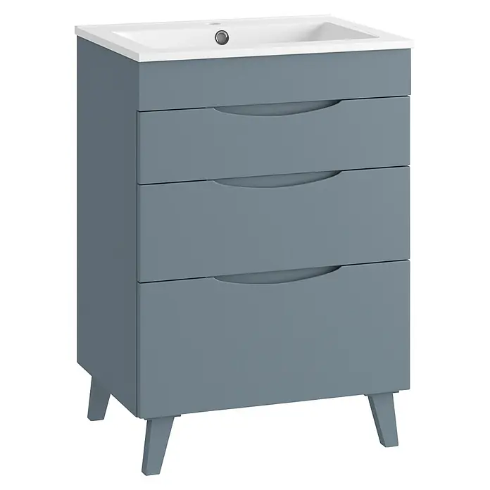 Mueble bajo de lavabo Turia - L x An x Al: 45 x 60 x 85 cm, Azul - Mueble de baño gris con lavabo de cerámica blanca y tres cajones, con tiradores curvos integrados y patas cortas.