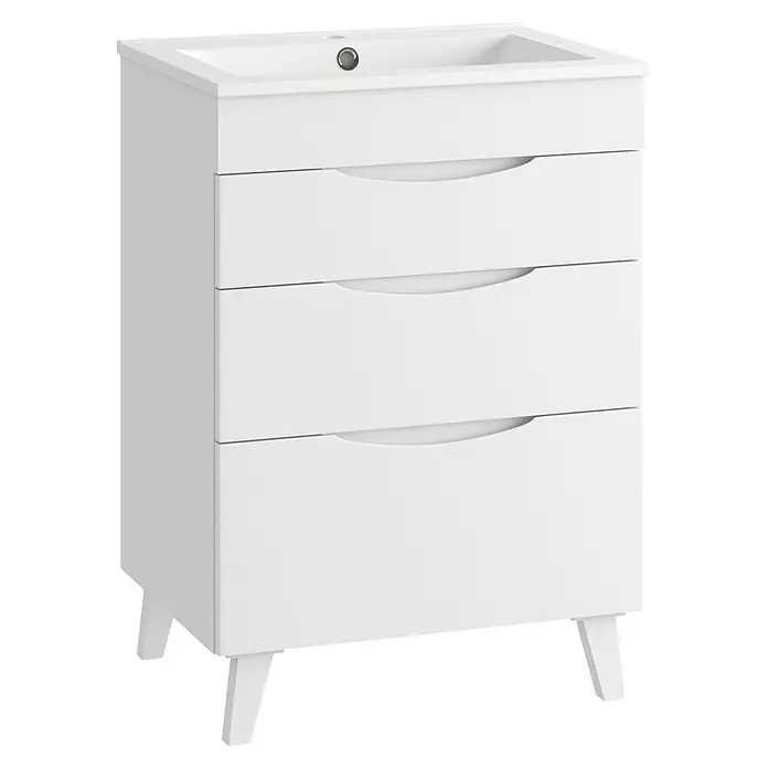 Mueble bajo de lavabo Turia - L x An x Al: 45 x 60 x 85 cm, Blanco brillo - Mueble de baño blanco con lavabo integrado y tres cajones, sobre patas.