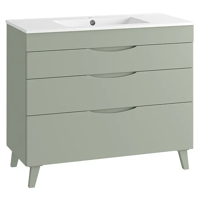 Mueble bajo de lavabo Turia - L x An x Al: 45 x 100 x 85 cm, Verde atlántico - Mueble de baño verde salvia con lavabo blanco y tres cajones, con patas claras.