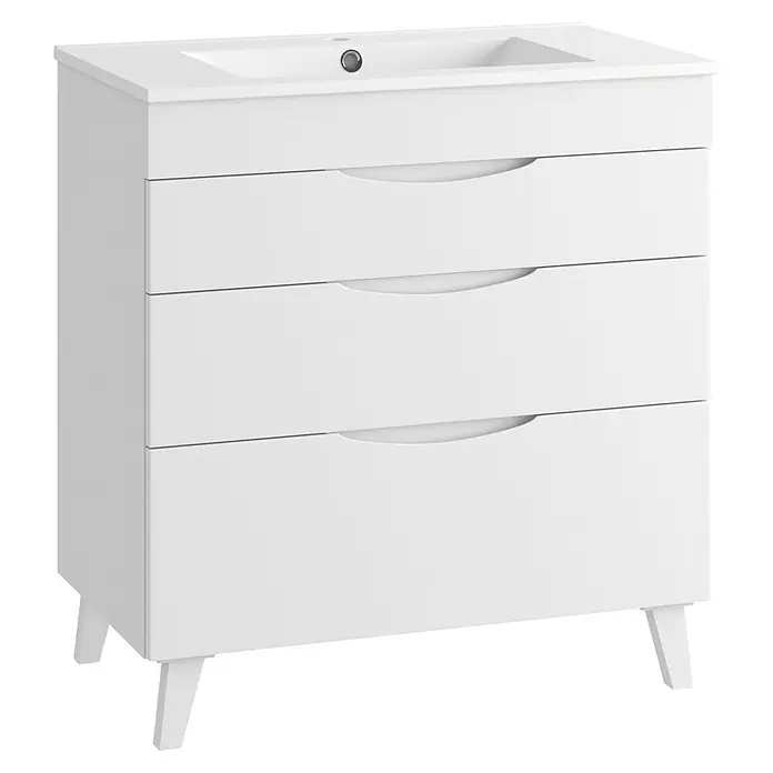 Mueble bajo de lavabo Turia - L x An x Al: 45 x 80 x 85 cm, Blanco mate - Mueble de baño blanco con lavabo integrado, tres cajones con tiradores curvos y patas cónicas.