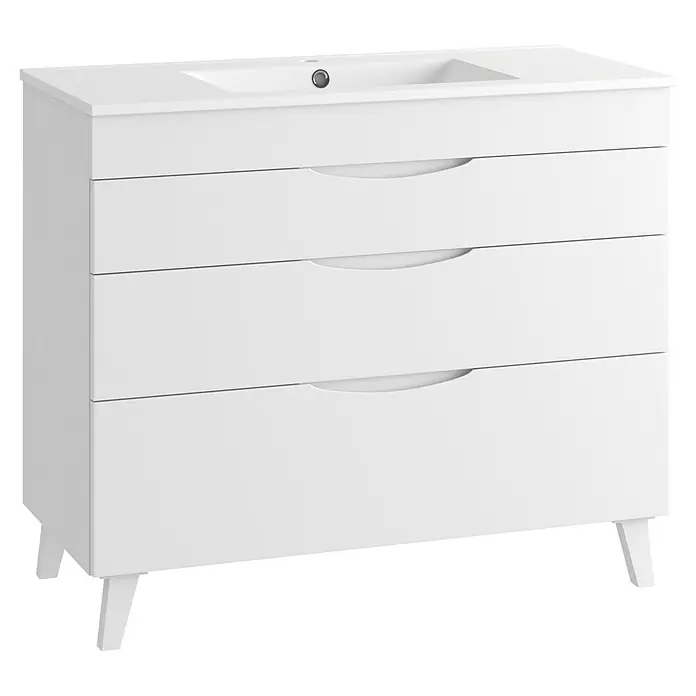 Mueble bajo de lavabo Turia - L x An x Al: 45 x 100 x 85 cm, Blanco mate - Mueble de baño blanco con lavabo integrado y tres cajones, sobre patas cónicas.