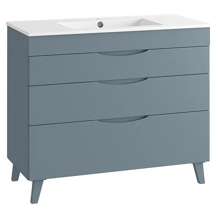 Mueble bajo de lavabo Turia - L x An x Al: 45 x 100 x 85 cm, Azul - Mueble de baño gris con lavabo blanco integrado y tres cajones, con patas cónicas modernas.