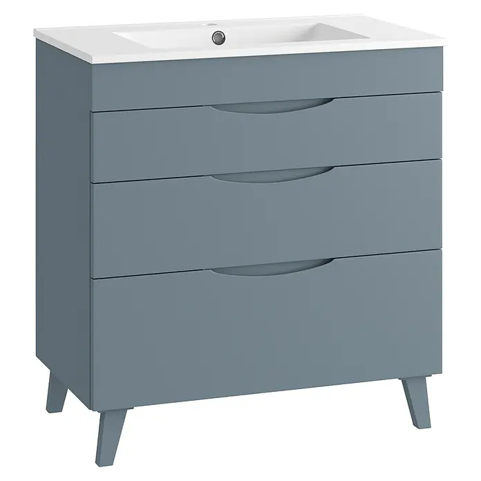 Mueble bajo de lavabo Turia - L x An x Al: 45 x 80 x 85 cm, Azul - Mueble de baño gris con lavabo blanco y tres cajones sobre patas cónicas.