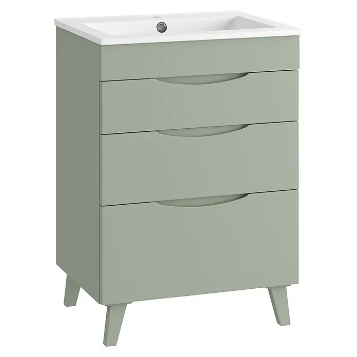 Mueble bajo de lavabo Turia - L x An x Al: 45 x 60 x 85 cm, Verde atlántico - Mueble de baño verde salvia con lavabo blanco integrado y tres cajones con tiradores curvos, sobre patas elegantes.