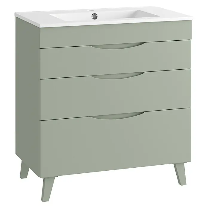 Mueble bajo de lavabo Turia - L x An x Al: 45 x 80 x 85 cm, Verde atlántico - Mueble de baño verde claro con lavabo blanco, tres cajones con tiradores integrados y patas.