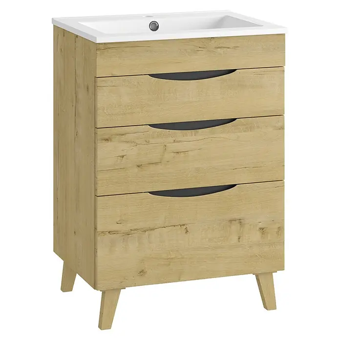 Mueble bajo de lavabo Turia - L x An x Al: 45 x 60 x 85 cm, Nogal y negro - Mueble de baño de efecto madera clara con lavabo blanco integrado y tres cajones con tiradores oscuros, sobre cuatro patas.