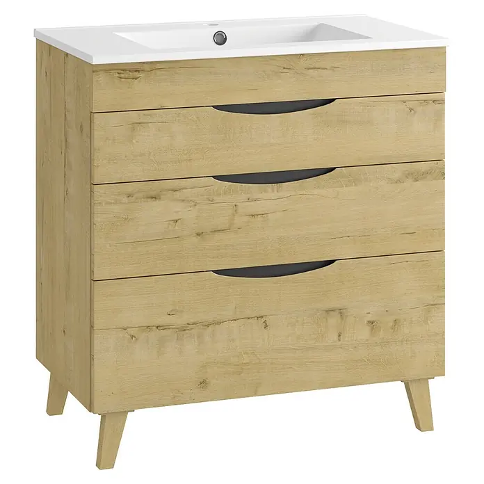 Mueble bajo de lavabo Turia - L x An x Al: 45 x 80 x 85 cm, Nogal y negro - Mueble de baño de roble claro con lavabo blanco integrado, tres cajones con tiradores oscuros y patas de madera.