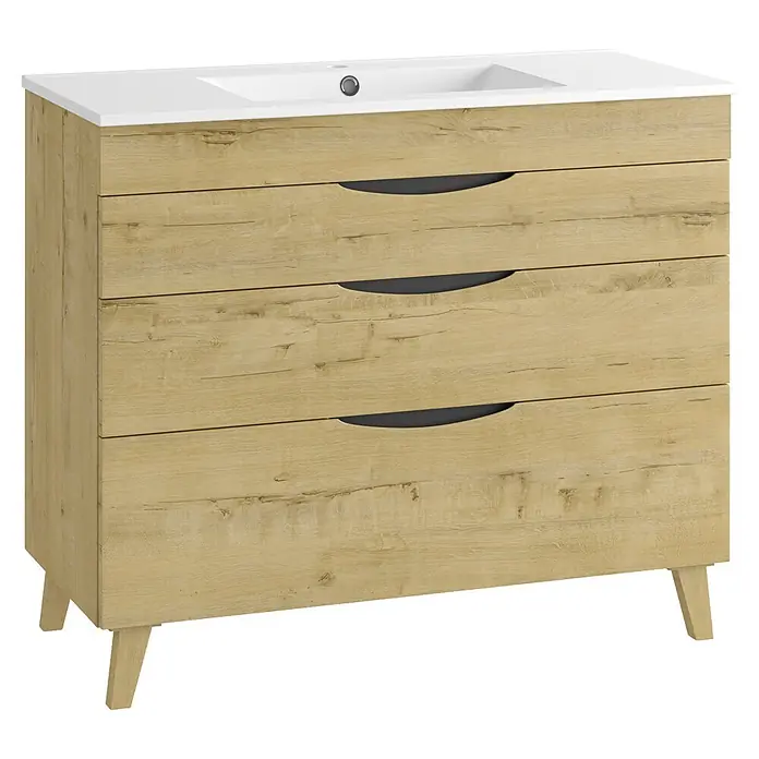 Mueble bajo de lavabo Turia - L x An x Al: 45 x 100 x 85 cm, Nogal y negro - Mueble de baño de madera clara con encimera de lavabo blanca, tres cajones con tiradores oscuros curvos y patas de madera cónicas.