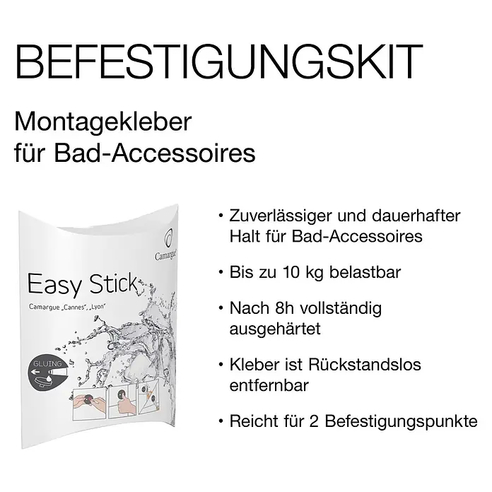 Camargue Befestigungskit - Kleben, 6 g - Weiße Verpackung für Montagekleber 'Easy Stick' für Bad-Accessoires mit Wasserspritzer-Design.