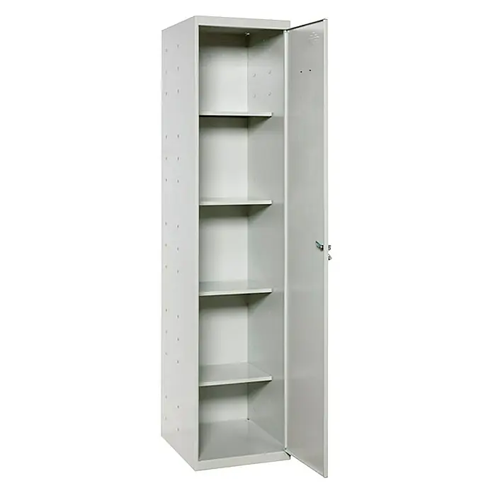 Simonrack Simonlocker Armario multiusos metálico Cabinet Desmontado - L x An x Al: 40 x 40 x 180 cm, Gris, Número de puertas: 1 ud., Desmontado - Un espacioso armario de acero gris con puerta abierta, que ofrece cinco estantes para almacenamiento y organización. Ideal para la oficina y el taller.